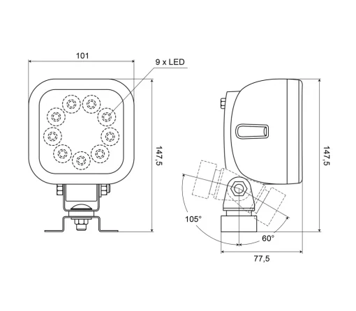 Werklamp + achteruitrijlamp LED 10-35V vierkant 1980 lumen